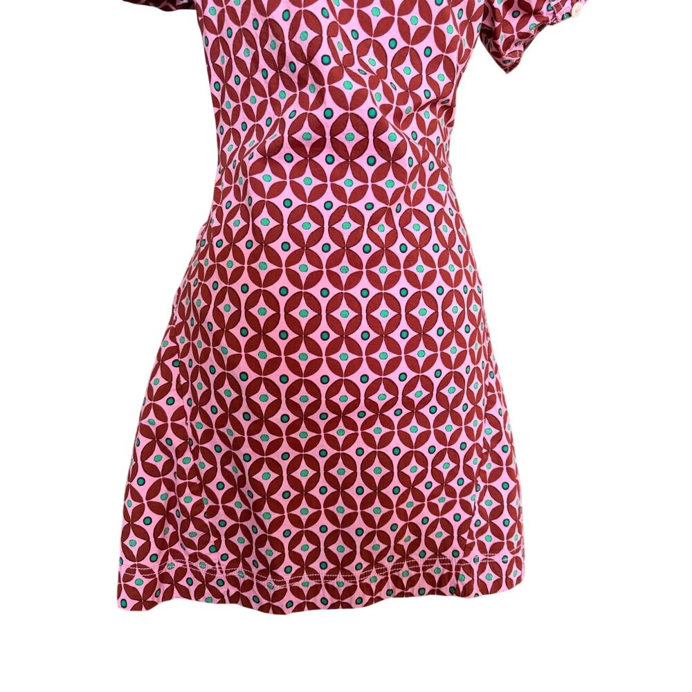 Free People Oakley Mini Geometric Print Mini Dress Pink Puff Sleeve Ruched - Picture 8 of 10